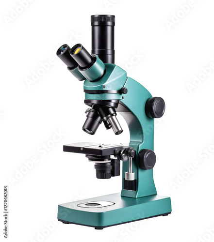 A tiny microscope sitting alone against a white backdrop.  