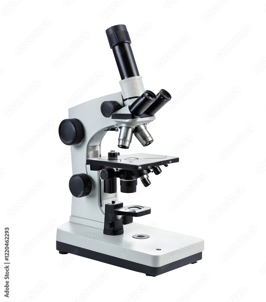 A tiny microscope sitting alone against a white backdrop. A tiny microscope sitting alone against a white backdrop.