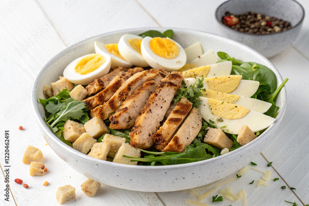 Grilled chicken vegetable salad, boiled eggs and fresh vegetables on a white plate Clean food Grilled chicken vegetable salad, boiled eggs and fresh vegetables on a white plate Clean food
