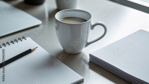 Coffee mug with notebooks and pencil on bright modern desk