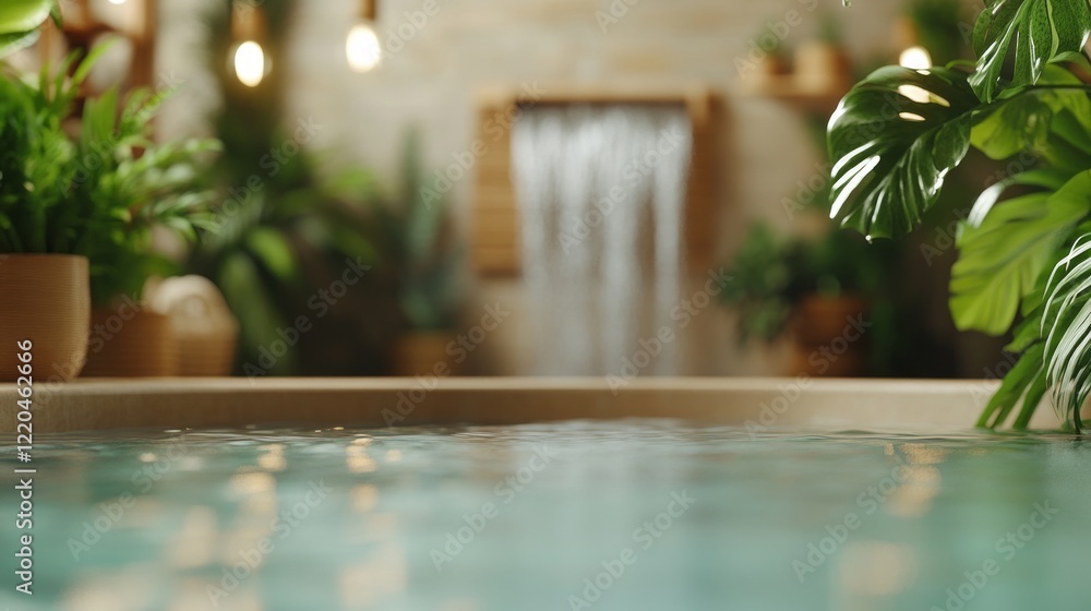 Luxurious spa environment with steaming hot tub, cascading waterfall surrounded by lush tropical greenery, offering peaceful wellness sanctuary for complete relaxation