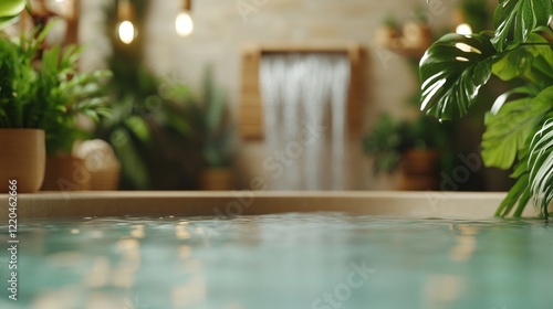 Obraz na płótnie Luxurious spa environment with steaming hot tub, cascading waterfall surrounded by lush tropical greenery, offering peaceful wellness sanctuary for complete relaxation w salonie