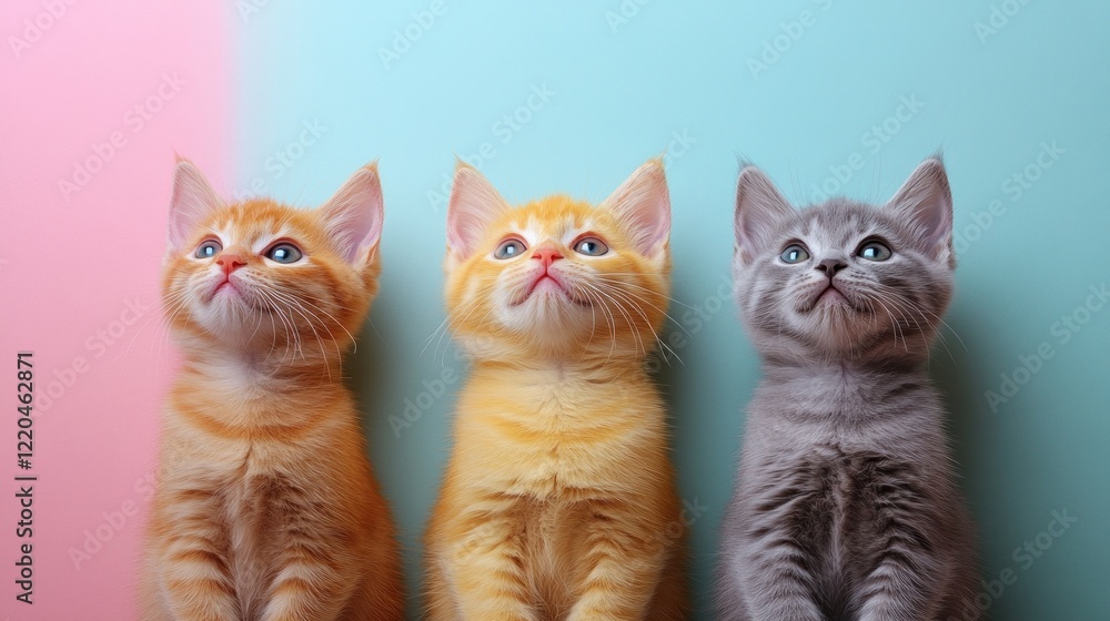 Three kittens looking up, pastel background, studio shot, pet adoption Three kittens looking up, pastel background, studio shot, pet adoption