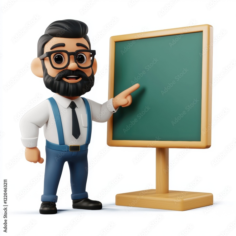 3D icon cartoon teacher pointing at a chalkboard isolated on a white background 3D icon cartoon teacher pointing at a chalkboard isolated on a white background