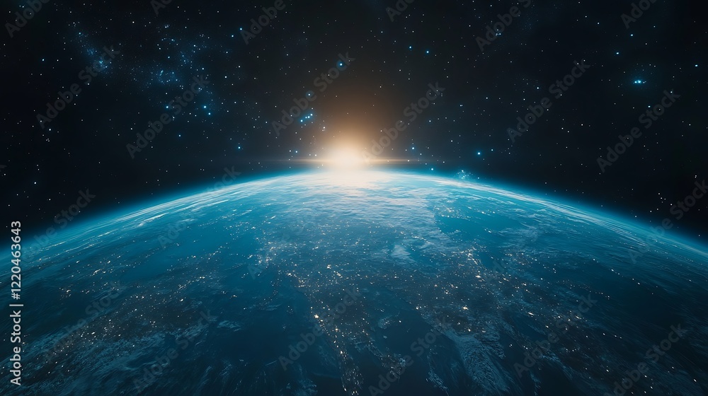 Fototapeta premium A blue glowing light shines down on the Earth