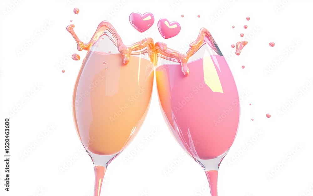 3D icon cartoon two champagne glasses clinking with heart-shaped bubbles isolated on a white background 3D icon cartoon two champagne glasses clinking with heart-shaped bubbles isolated on a white background