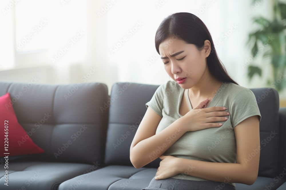 Asian woman having heart attack or stroke, touching chest with pained expression, sitting on sofa in living room Asian woman having heart attack or stroke, touching chest with pained expression, sitting on sofa in living room