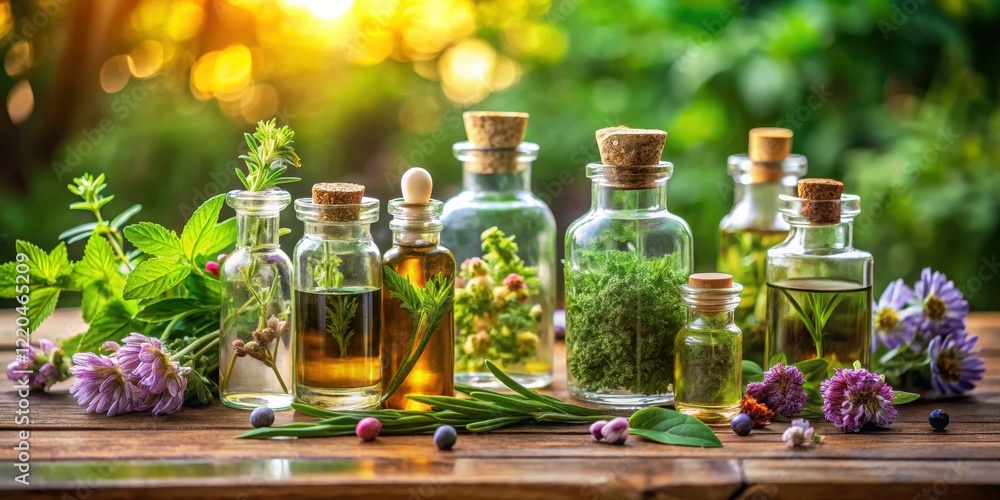 Aromatic blends in glass bottles with fresh herbs and essential oils on a wooden table , botanicals, herbs Aromatic blends in glass bottles with fresh herbs and essential oils on a wooden table , botanicals, herbs