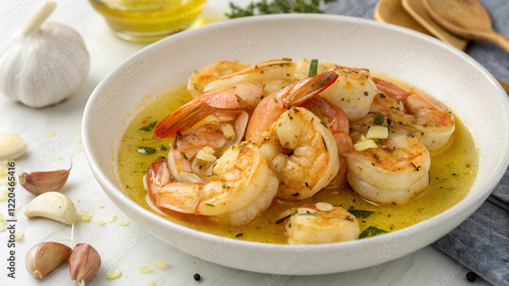 Stir-fried shrimp with garlic sauce on white bow Stir-fried shrimp with garlic sauce on white bow