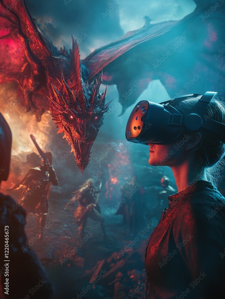 Obraz premium Immersive VR Experience Encountering a Red Dragon in a Fantasy Battle Scene