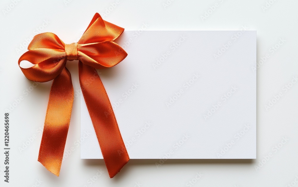 A clean white promotional card with a bold orange ribbon and bow at the center-left edge, featuring space for custom text, isolated on a bright white background A clean white promotional card with a bold orange ribbon and bow at the center-left edge, featuring space for custom text, isolated on a bright white background