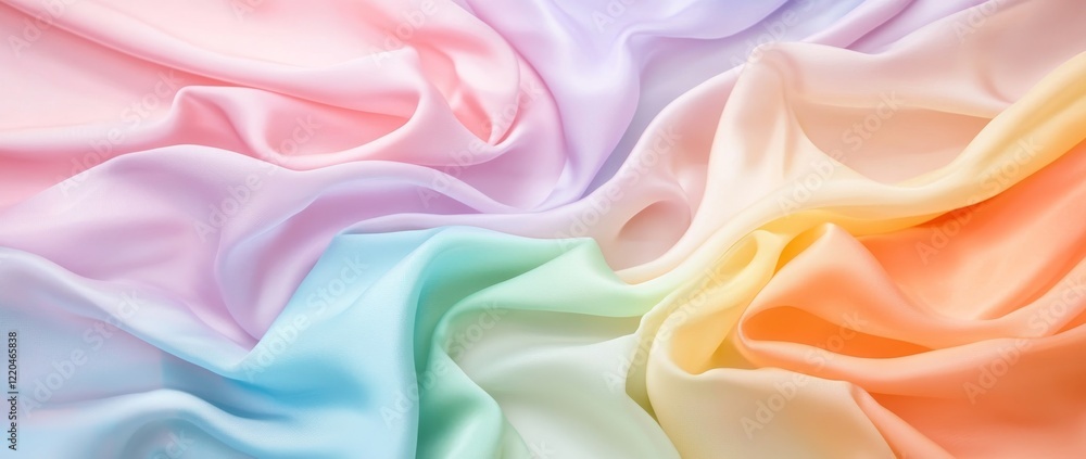 Fototapeta premium Flowing satin drapes in soft pastel rainbow hues create an elegant backdrop for feminine fashion designs