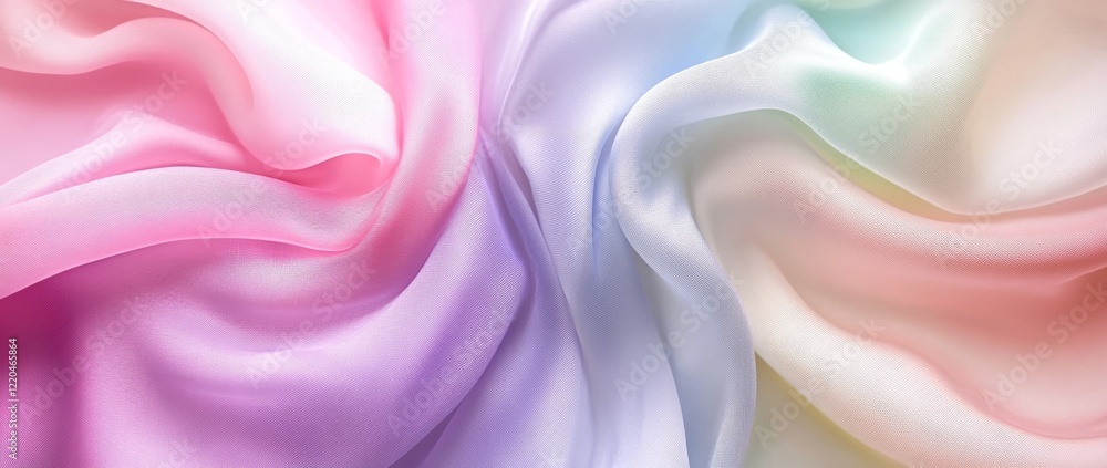 Fototapeta premium Flowing satin drapes in soft pastel rainbow hues create an elegant backdrop for feminine fashion designs