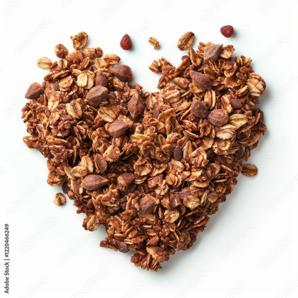 Chocolate granola with nuts forming a heart shape on white background Chocolate granola with nuts forming a heart shape on white background
