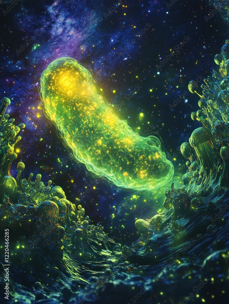 Fototapeta premium Luminous Cosmic Cell Floating Amidst a Starry Universe with Alien Flora