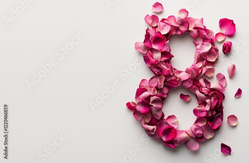 Pink rose petals arranged in the shape of the number eight on a white background