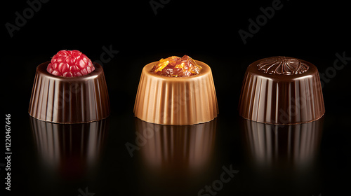 A selection of artisanal chocolate pralines, featuring smooth milk chocolate shells with fillings of raspberry, mint, and orange zest for a unique flavor combination. photo