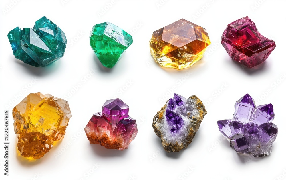 Fototapeta premium A set of colorful crystal icons featuring emeralds, rubies, sapphires, and amethysts in polished 3D style, all neatly arranged on a white background