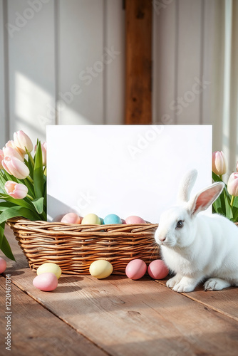 White bunny with Easter eggs and tulips beside blank card