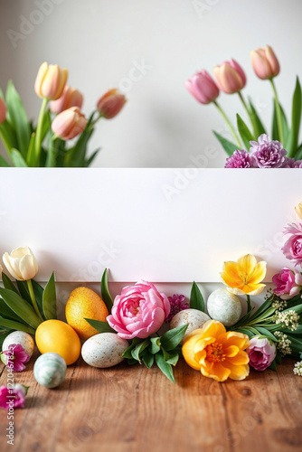 Colorful tulips and Easter eggs with blank card on wooden table