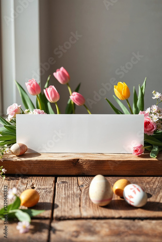 Generated imaBlank card with tulips and Easter eggs on rustic wooden tablege