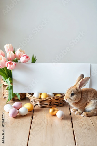 Brown bunny with Easter eggs and tulips on light wooden floor