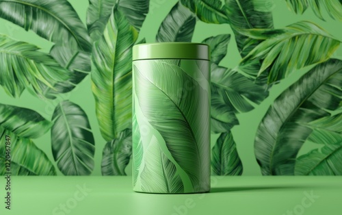 A cylinder-shaped canister for snacks mockup, standing on a bold green background with faint overlapping leaf patterns photo