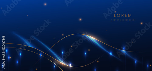 Abstract glowing neon blue and gold wave light lines on dark blue background.