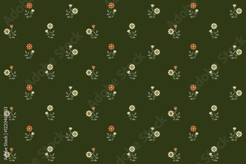 Flower seamless pattern with Zinnia blossom and leaf in cream orange n green on dark green background. Vector illustration. For masculine male shirt lady dress cloth textile vacation cover print