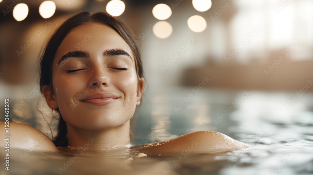 Peaceful woman relaxing in warm spa pool, eyes closed, soft lighting casting gentle glow across serene facial expression and tranquil water surface