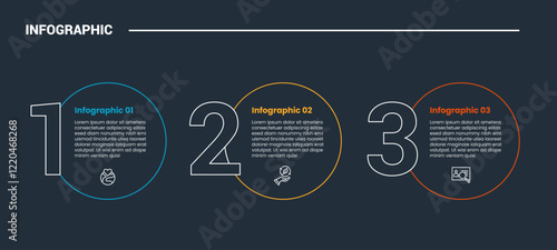 process stages workflow infographic dark outline for slide presentation with outline circle and number on side with 3 point list