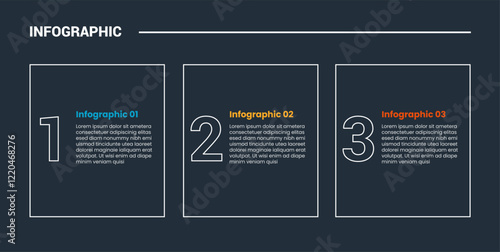 process stages workflow infographic dark outline for slide presentation with big square shape with number on side with 3 point list
