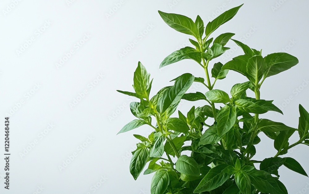 A fresh basil plant with vibrant green leaves on a pure white background. A fresh basil plant with vibrant green leaves on a pure white background.