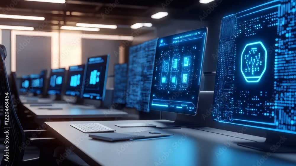 Row of Computers with Blue Digital Interface Showing Data and Code in Modern Office Row of Computers with Blue Digital Interface Showing Data and Code in Modern Office
