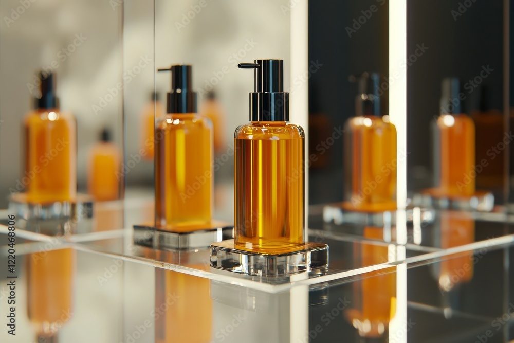 Elegant brown glass bottles on reflective surface with modern design showcasing luxury skincare product display Elegant brown glass bottles on reflective surface with modern design showcasing luxury skincare product display