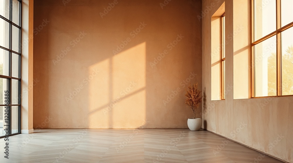 Empty room with sunlight casting shadows on wall and parquet floor Empty room with sunlight casting shadows on wall and parquet floor