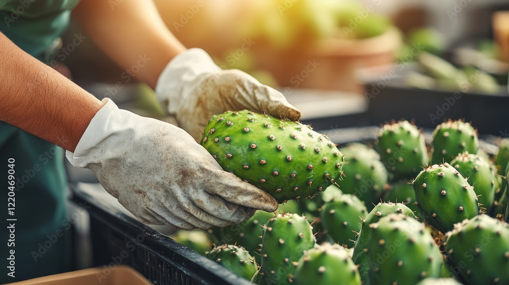 Farmer wearing protective gloves picking ripe prickly pear from spiky cactus plant inside greenhouse, showcasing careful crop cultivation technique