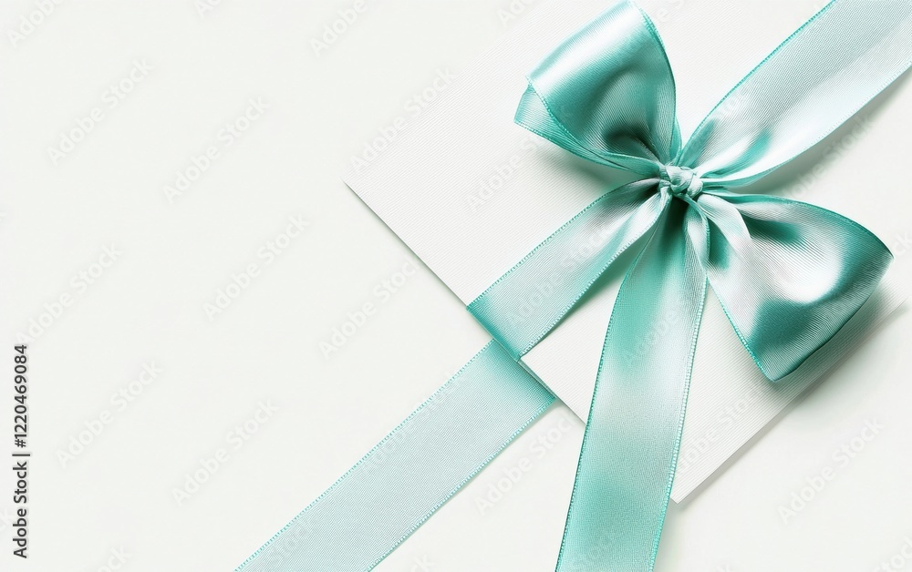 A luxurious white voucher with a pastel blue ribbon and bow placed on the lower left corner, featuring text space, isolated on a clean white background A luxurious white voucher with a pastel blue ribbon and bow placed on the lower left corner, featuring text space, isolated on a clean white background