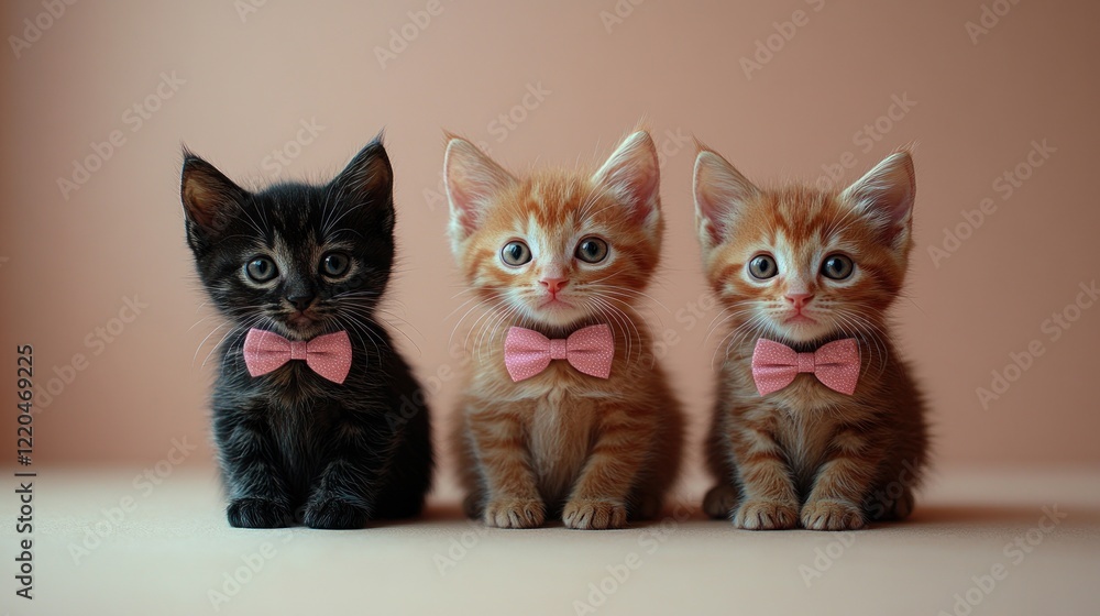 Three kittens, bow ties, studio, peach background, pet adoption Three kittens, bow ties, studio, peach background, pet adoption