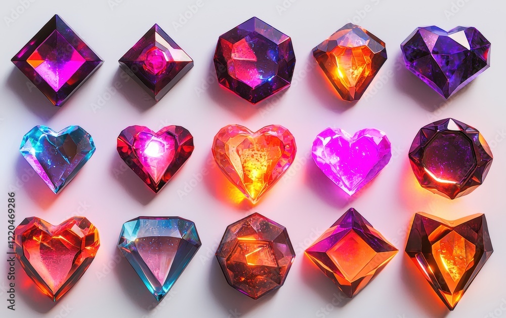 Fototapeta premium A vibrant collection of 3D game gemstones in various shapes like diamonds, hearts, and hexagons, each with a unique glowing effect, isolated on a clean white background