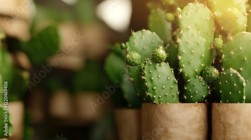 Close up of vibrant prickly pear cactus growing in sustainable cardboard pot, sunlight highlighting green succulent details against earthy planter background