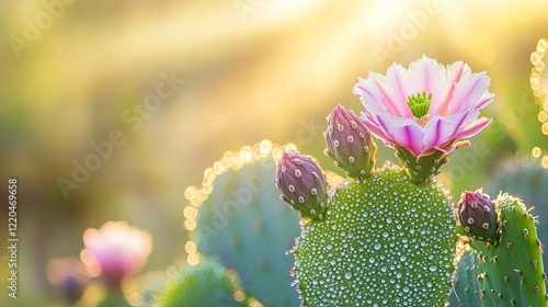 Obraz na płótnie Prickly pear cactus blooming, glistening with morning dew, radiating warmth under soft sunlight, capturing desert's delicate beauty w salonie