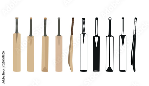 Cricket Bat Illustrations, Equipment Cricket Bat With Premium Vector.Cricket Bats Isolated Vector Set, Cricket Sports Elements. Cricket Game Parts
