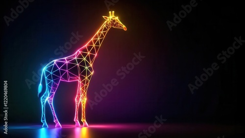 Neon Rainbow Giraffe A Geometric Animal Illustration in Low-Light Setting