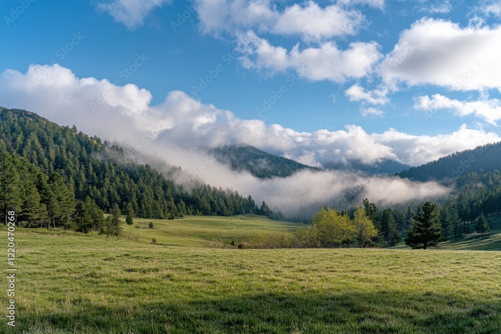 Mountain meadow sunrise, fog rolling over trees Mountain meadow sunrise, fog rolling over trees