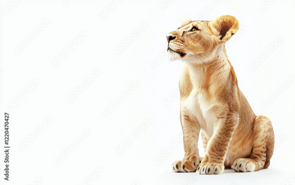 Obraz premium A regal lion sitting upright with a focused gaze, isolated on a bright white background