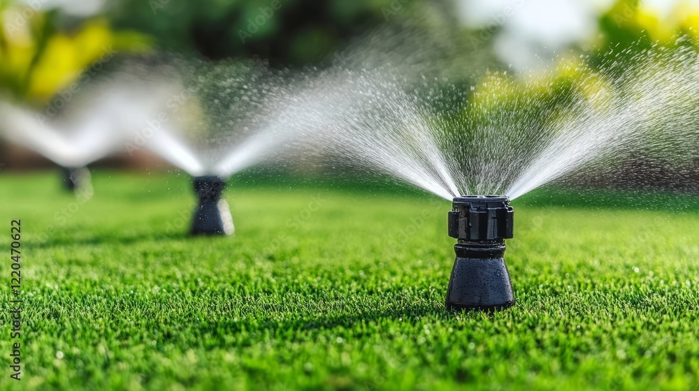 Automatic sprinklers are spraying water on a lush green lawn, ensuring proper hydration and maintenance during a sunny day, creating a refreshing scene of growth and vitality