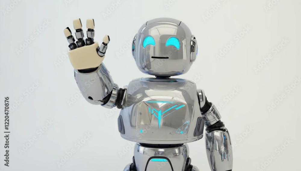 Friendly Robot Greeting: A charming silver robot with glowing blue eyes extends a welcoming hand, inviting interaction and sparking curiosity about the future of artificial intelligence. Friendly Robot Greeting: A charming silver robot with glowing blue eyes extends a welcoming hand, inviting interaction and sparking curiosity about the future of artificial intelligence.