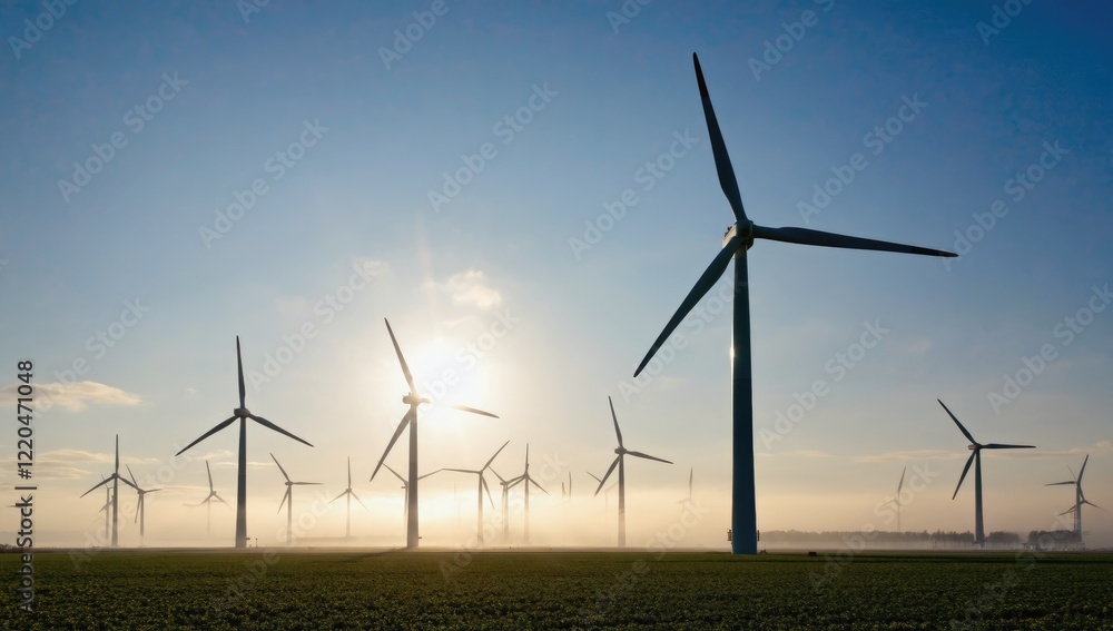 Wind Turbines at Dawn: A breathtaking panorama of wind turbines silhouetted against a vibrant sunrise, mist swirling at their bases. Wind Turbines at Dawn: A breathtaking panorama of wind turbines silhouetted against a vibrant sunrise, mist swirling at their bases.