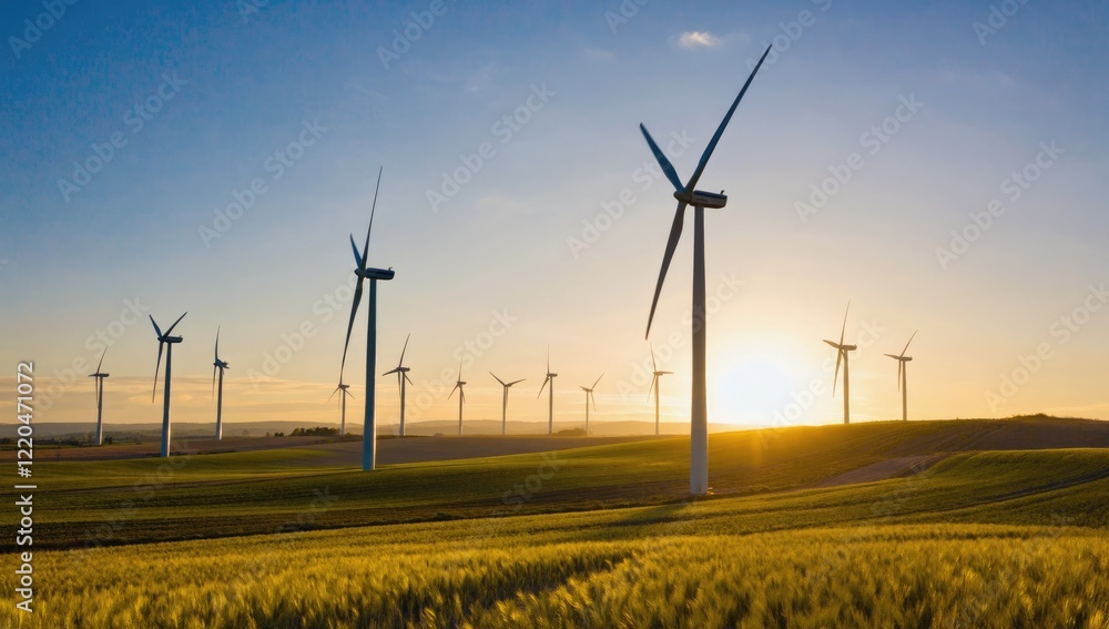 Obraz premium Sunset Wind Farm: Rows of wind turbines stand tall against a vibrant sunset, their silhouettes dramatically etched against the golden sky above a field of wheat.